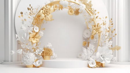 Showcase with blank podium and floral arrangement. Generative Aiの素材