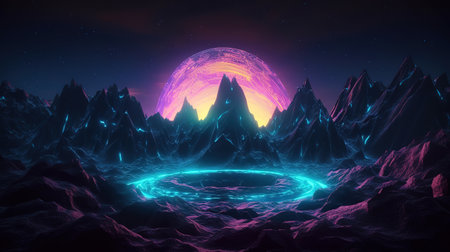 pink blue glowing ring over terrain, round frame, virtual reality. Generative Aiの素材