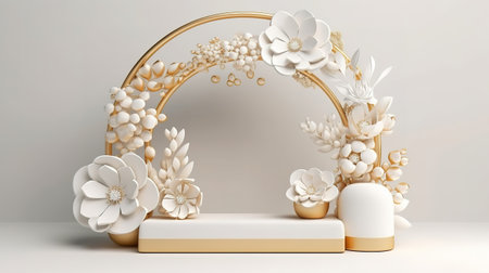 Showcase with blank podium and floral arrangement. Generative Aiの素材