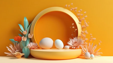 Blank floral poster mockup. Round frame, craft paper flowerscolor. Generative Aiの素材