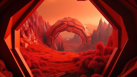 Geometric hexagonal shape portal and red rocky mountains. Generative Aiの素材