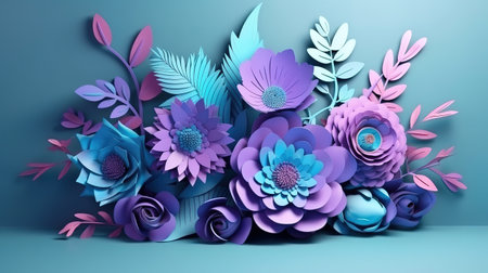 3d render, blue violet neon paper flowers. Generative Aiの素材