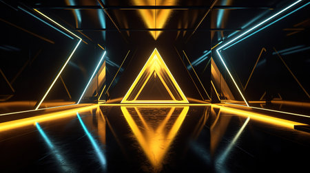 3d render, abstract geometric background with yellow neon triangular frame. Generative Aiの素材