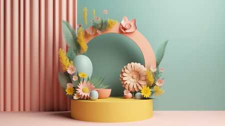 Blank floral poster mockup. Round frame, craft paper flowerscolor. Generative Aiの素材