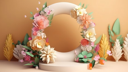 Blank floral poster mockup. Round frame, craft paper flowerscolor. Generative Aiの素材