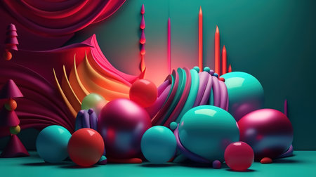 Christmas ornaments and neon talking balloon. Holiday banner, Bright color. Generative Aiの素材