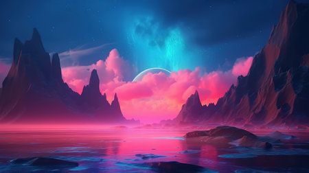 Seascape with cliffs under the pink blue night gradient sky with northern lights. Generative Aiの素材