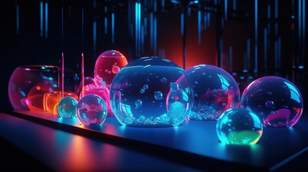 Glowing light and translucent bubbles, Bright color. Generative Aiの素材