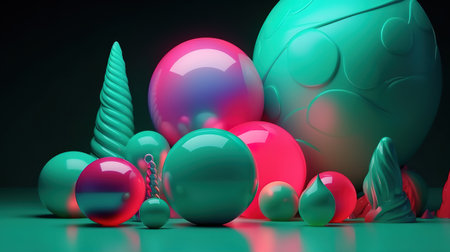 Christmas ornaments and neon talking balloon. Holiday banner, Bright color. Generative Aiの素材