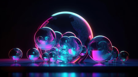 3d render, abstract neon background with glass balls. Generative Aiの素材