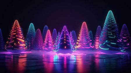 Paper christmas tree and snowflake on neon gradient background. Generative Aiの素材