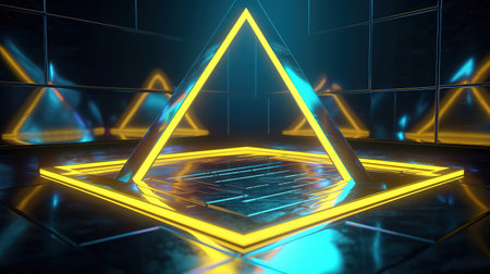 3d render, abstract geometric background with yellow neon triangular frame. Generative Aiの素材