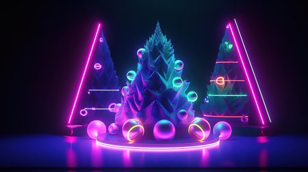 Festive ornaments illuminated with neon light. Generative Aiの素材