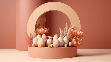 3d pink podium with eggs and flower decoration. Generative Aiの素材