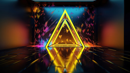 3d render, abstract geometric background with yellow neon triangular frame. Generative Aiの素材