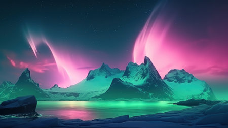 Seascape with cliffs under the pink blue night gradient sky with northern lights. Generative Aiの素材