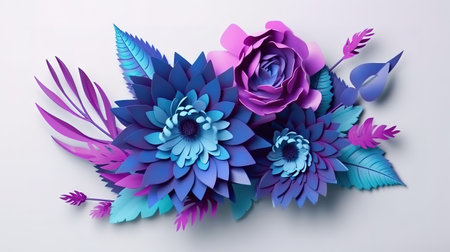 3d render, blue violet neon paper flowers. Generative Aiの素材