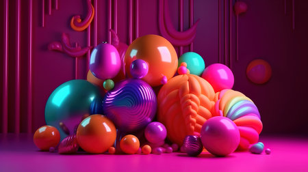 Christmas ornaments and neon talking balloon. Holiday banner, Bright color. Generative Aiの素材