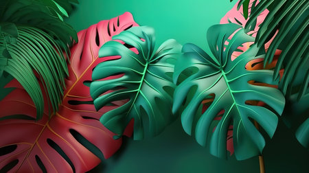3d render, paper tropical leaves, jungle decor, monstera palm. Generative Aiの素材