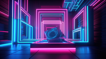 3d render, abstract background with geometric shape and pink blue neon light. Generative Aiの素材