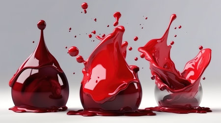 Set of red wine or paint splashes. 3d illustration. Generative Aiの素材
