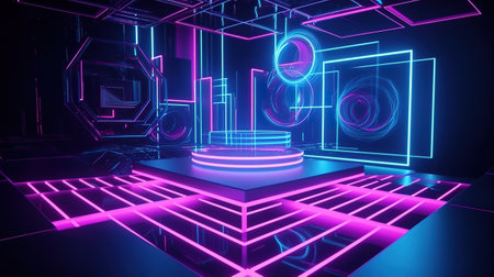3d render, abstract background with geometric shape and pink blue neon light. Generative Aiの素材