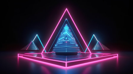 3d render, abstract background with geometric shape and pink blue neon light. Generative Aiの素材