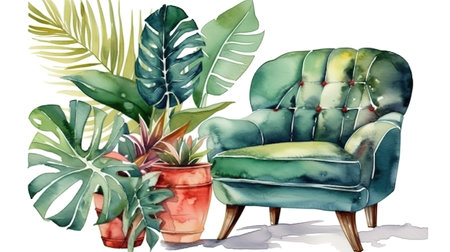 watercolor illustration. Modern cozy home interior with green armchair. Generative Aiの素材