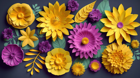 3d render, violet yellow craft paper flowers, floral clip art set. Generative Aiの素材