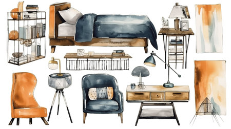 watercolor illustration. Mood board with modern furniture. Generative Aiの素材