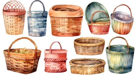Watercolor illustration, rustic wicker basket collection. Generative Aiの素材