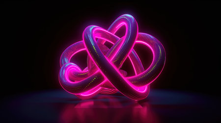 3d render, pink violet neon tangled geometric shape glowing in the dark. Generative Aiの素材