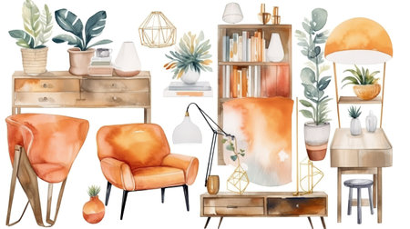 Decor elements. Interior home clip art collection isolated on white background. Generative Aiの素材