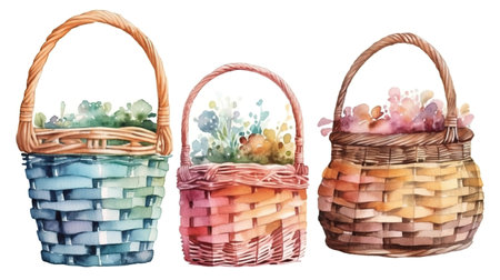 Watercolor illustration, rustic wicker basket collection. Generative Aiの素材