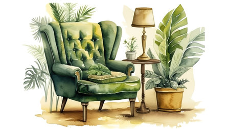watercolor illustration. Modern cozy home interior with green armchair. Generative Aiの素材