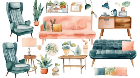 watercolor illustration. Mood board with modern furniture. Generative Aiの素材