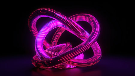 3d render, pink violet neon tangled geometric shape glowing in the dark. Generative Aiの素材