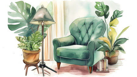 watercolor illustration. Modern cozy home interior with green armchair. Generative Aiの素材
