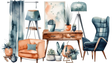 Decor elements. Interior home clip art collection isolated on white background. Generative Aiの素材