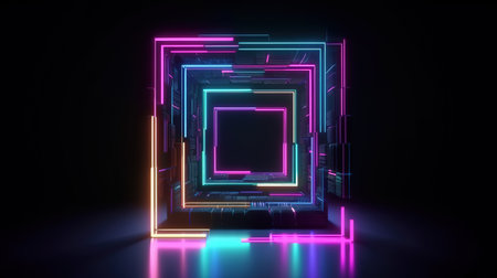 3d render. Abstract background with glowing neon rectangular frame. Generative Aiの素材
