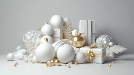 Festive ornaments, glass balls, wrapped gift boxes. Generative Aiの素材