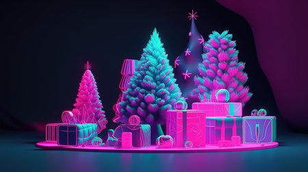 3d render, Christmas neon background with fir tree. Generative Aiの素材