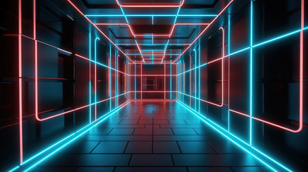 Empty room with futuristic wall panels and glowing square frame. Generative Aiの素材