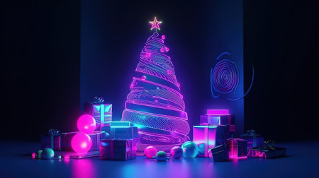 3d render, Christmas neon background with fir tree. Generative Aiの素材