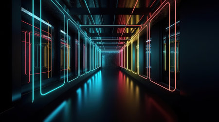 Dark corridor or tunnel, illuminated with bright light. Generative Aiの素材
