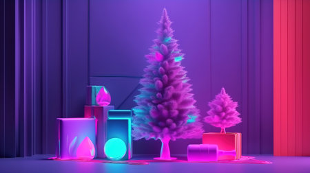 3d render, Christmas neon background with fir tree. Generative Aiの素材