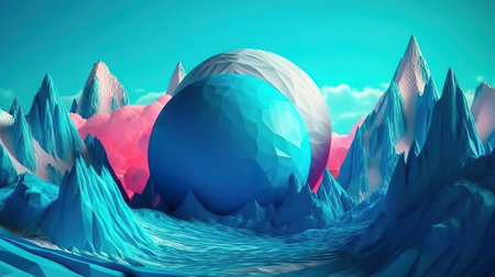 Surreal landscape with blue rocky mountains and round shape. Generative Aiの素材