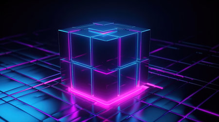 3d render, abstract neon background with cube box. Generative Aiの素材