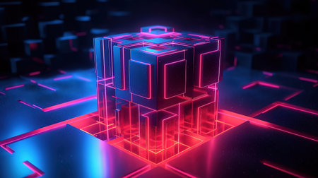 3d render, abstract neon background with cube box. Generative Aiの素材