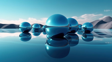 silver sphere inside the calm water, under the blue gradient sky. Generative Aiの素材
